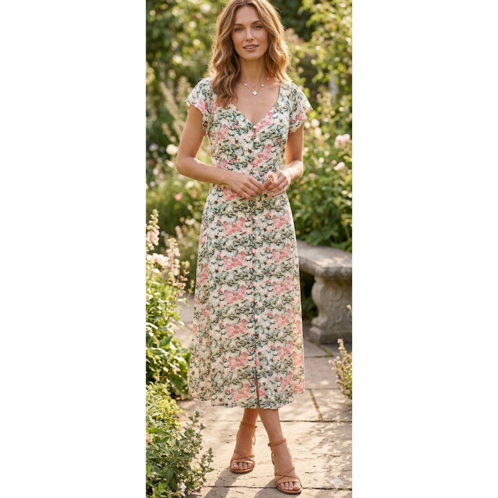 LOFT Floral Button Midi Dress NWT Boho Garden Party Size 10
